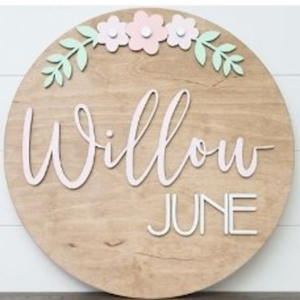 Sugar + Maple Round Personalized Wood Name Sign | Flower