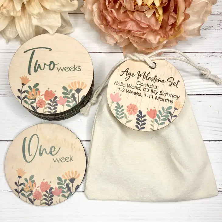 Wooden Milestone Disc 16 Piece Set / Round - Spring Flowers