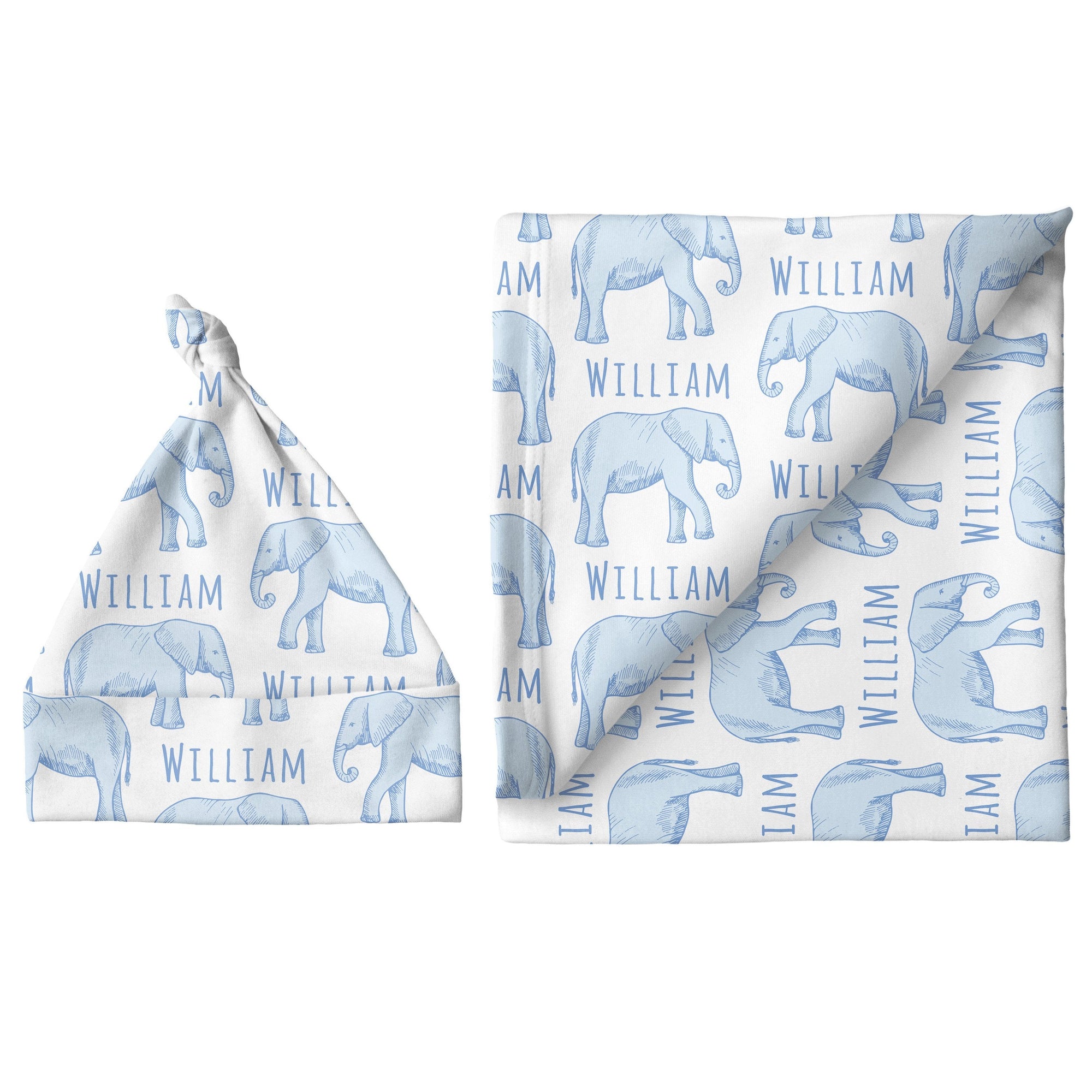 Sugar + Maple Personalized Small Blanket & Hat Set | Elephant Blue
