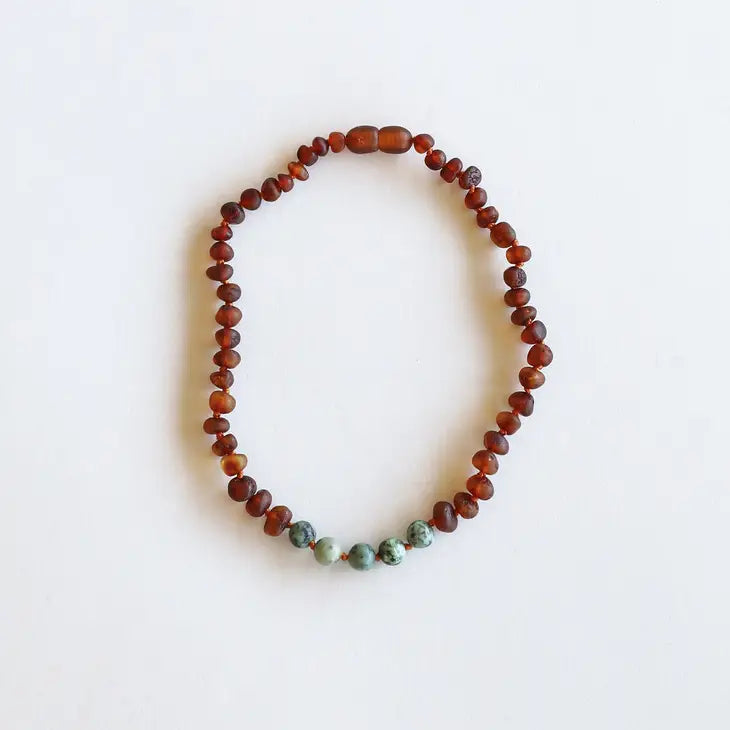 Canyon Leaf Raw Cognac Amber + Round Turquoise Jasper Necklace