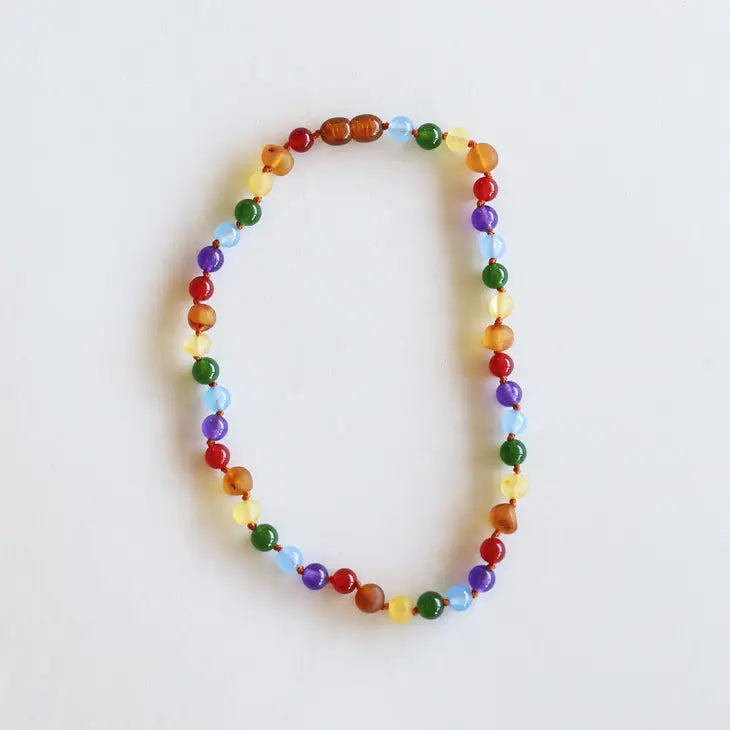 Canyon Leaf Raw Amber + Gemstone Rainbow Necklace