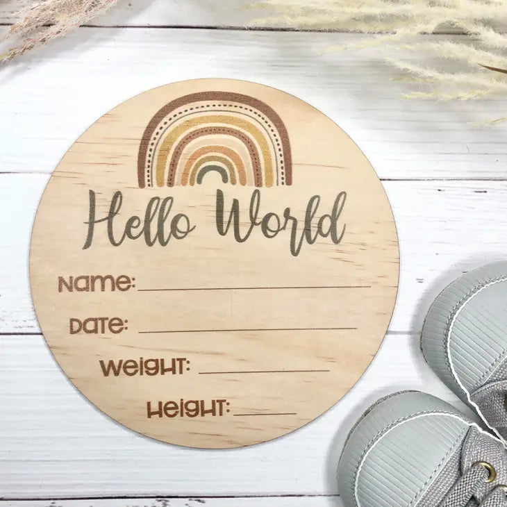Wooden Hello World Birth Announcement Disc / Rainbow