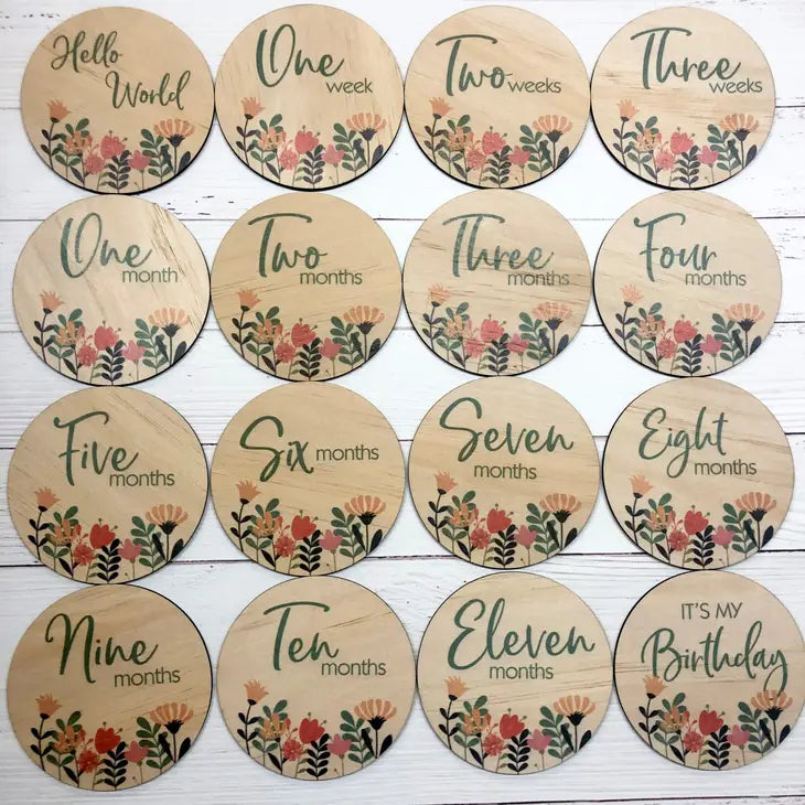 Wooden Milestone Disc 16 Piece Set / Round - Spring Flowers