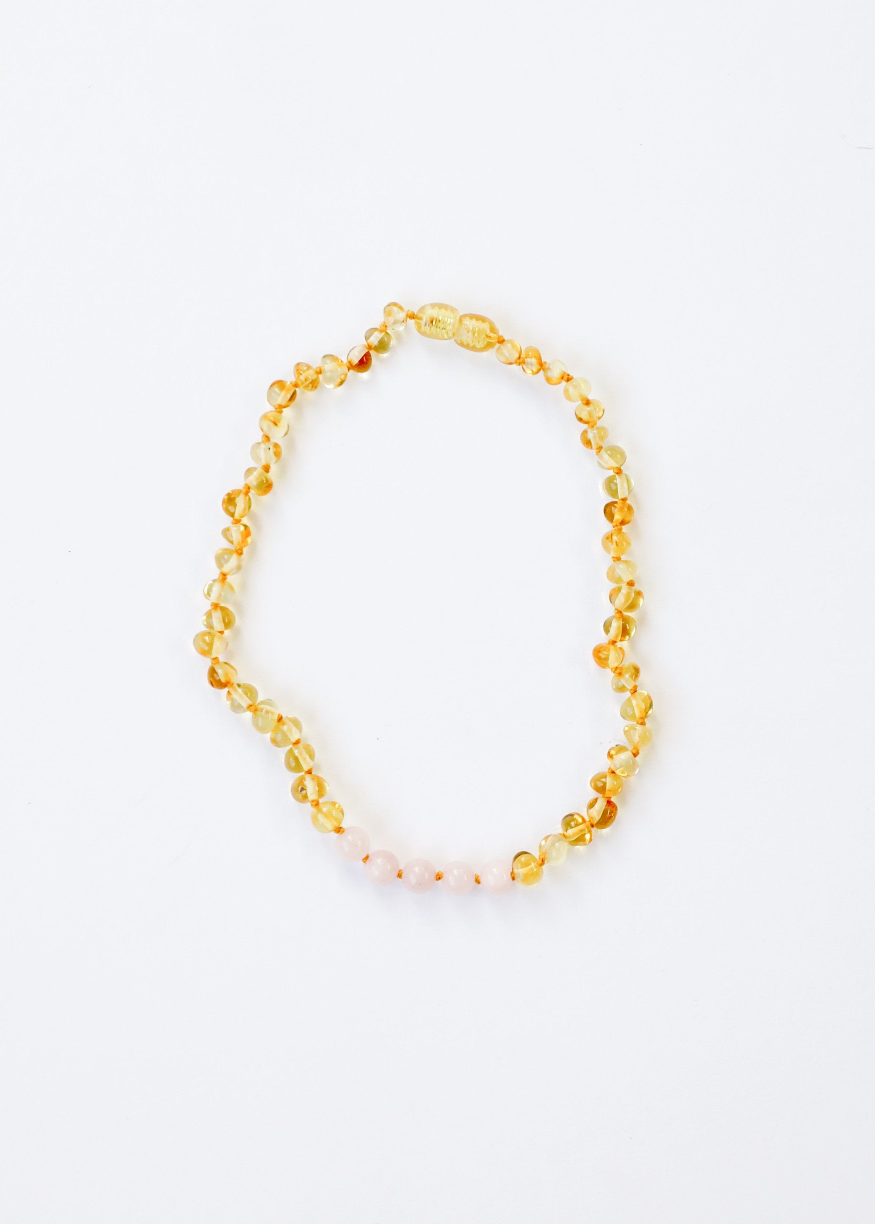 Canyon Leaf Necklace / Polished Honey Amber + Rose Quartz
