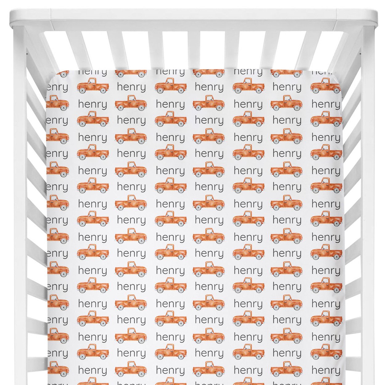 Sugar + Maple Personalized Crib Sheet | Truck Orange