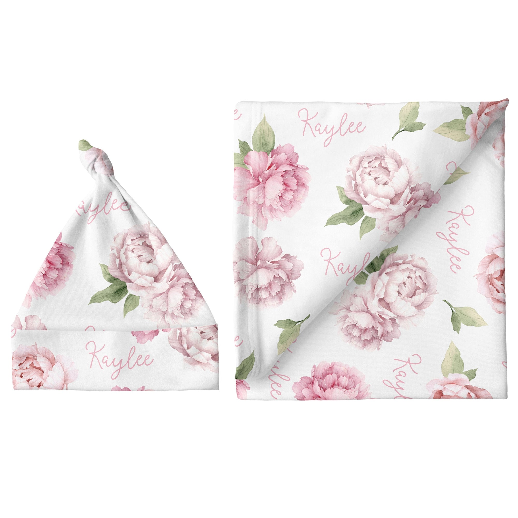 Sugar + Maple Personalized Small Blanket & Hat Set | Pink Peonies