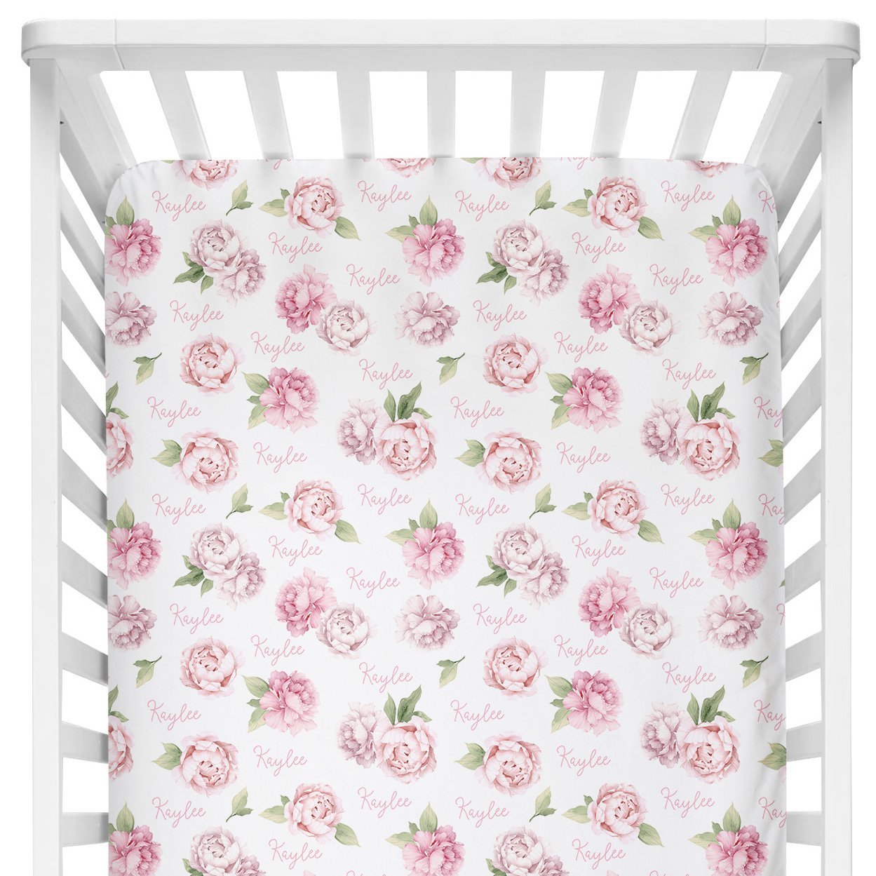Sugar + Maple Personalized Crib Sheet | Pink Peonies